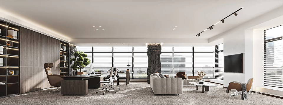 Modern Open Office Interior Design With Large Windows Desk Chairs Sofa Greenery Carpet And Pillar 3d model