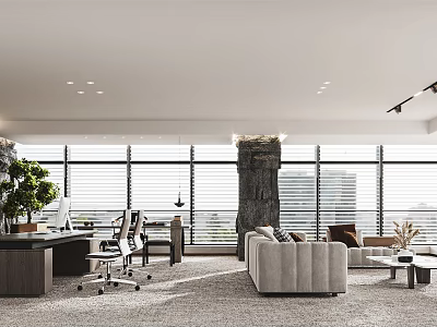 Modern Open Office Interior Design With Large Windows Desk Chairs Sofa Greenery Carpet And Pillar 3d model