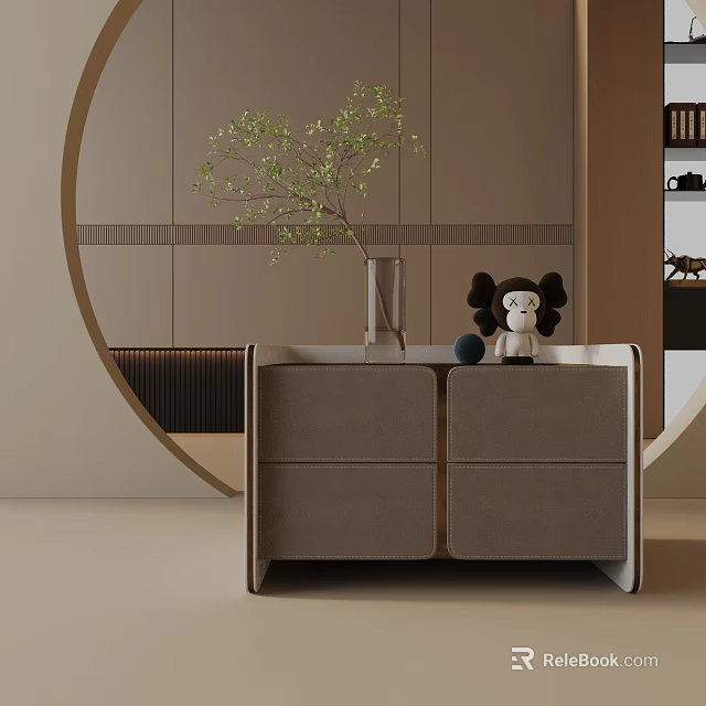 Modern Leather Bedside Table With Drawers Green Plant Vase And Doll Decoration 3d model 