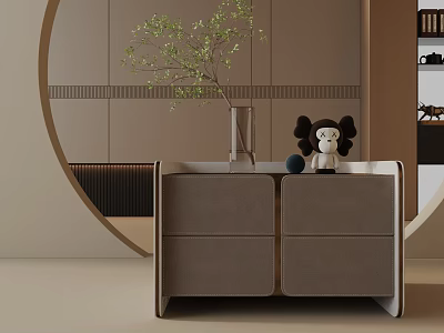 Modern Leather Bedside Table With Drawers Green Plant Vase And Doll Decoration 3d model