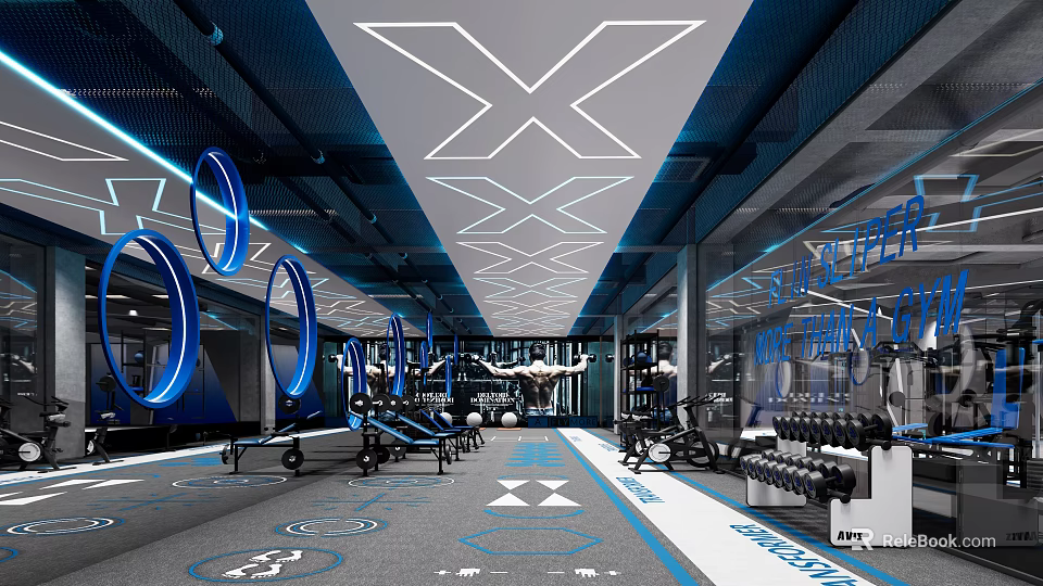 Modern Fitness Gym Interior With Professional Equipment And LED Lighting Design 3d model 