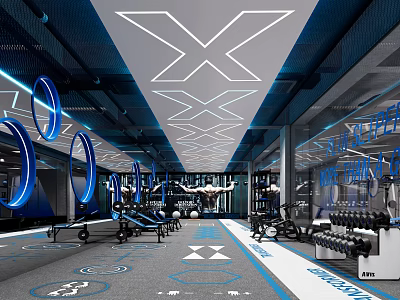 Modern Fitness Gym Interior With Professional Equipment And LED Lighting Design 3d model