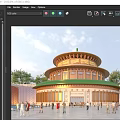 Traditional Ancient Chinese Architecture With Circular Green Roof Golden Decorations And People In Courtyard