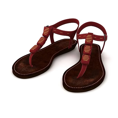 Stylish Red Leather Sandals With Decorative Ankle Straps And Brown Flat Soles 3d model