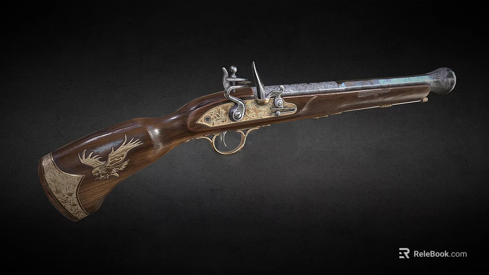 Old-fashioned Musket with Wooden Stock Intricate Carvings and Ornate Metal Components 3d model 