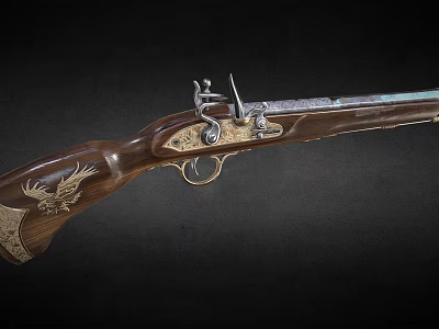 Old-fashioned Musket with Wooden Stock Intricate Carvings and Ornate Metal Components 3d model
