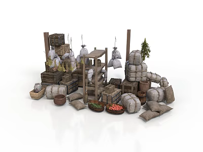 Rustic Storage Building With Wooden Crates Stacked Sacks Clay Pots And Small Tree 3d model