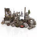 Rustic Storage Building With Wooden Crates Stacked Sacks Clay Pots And Small Tree