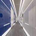 Modern Elevator Hallway With White Doors Round Windows Blue Yellow Lighting And Gray Carpet