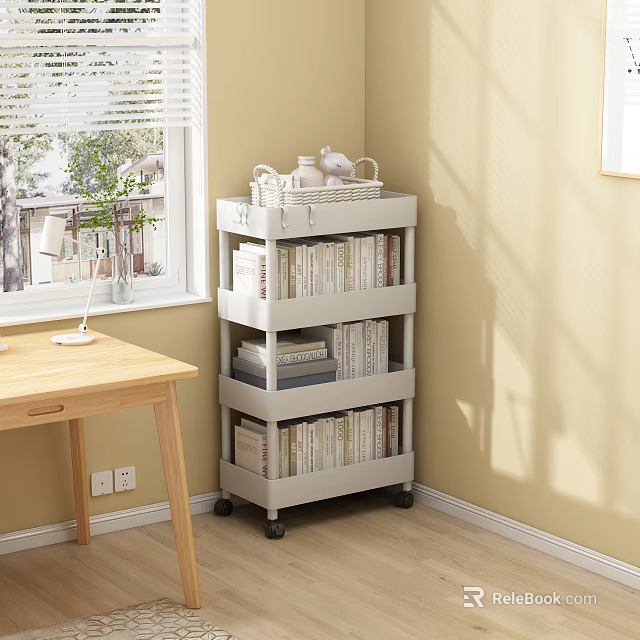Light Colored Mobile Storage Shelf With Multiple Tiers For Books And Decorative Items 3d model 