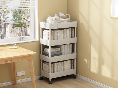 Light Colored Mobile Storage Shelf With Multiple Tiers For Books And Decorative Items 3d model