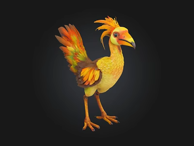 Vibrant 3D Bird Character With Orange Yellow Green Feathers And Crested Head 3d model