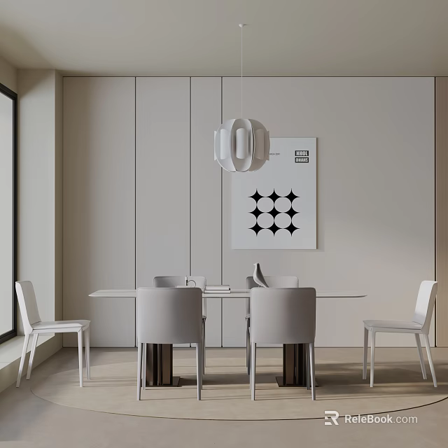 Modern Minimalist Dining Table Set With White Chairs Pendant Light And Geometric Wall Decor 3d model 