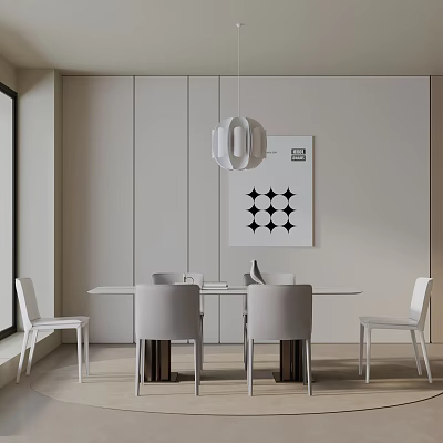 Modern Minimalist Dining Table Set With White Chairs Pendant Light And Geometric Wall Decor 3d model