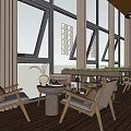 Bright Modern Restaurant With Large Windows Wooden Tables Rattan Chairs And Green Plants