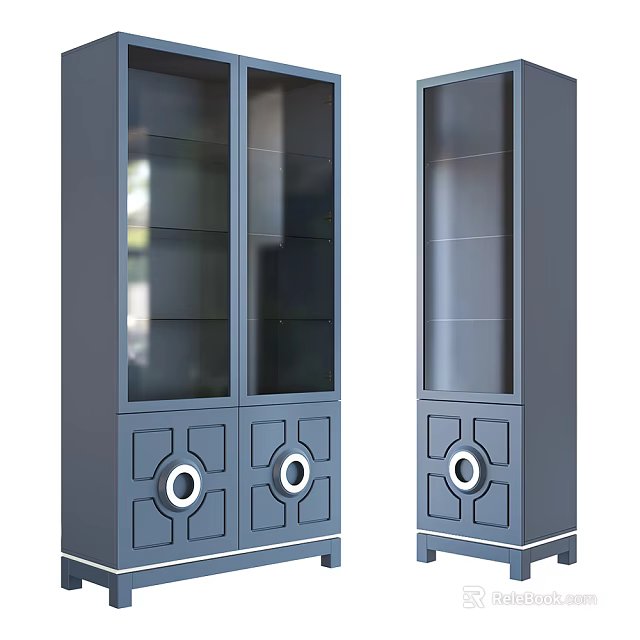 Modern Gray Bookcase With Glass Doors And Decorative Circular Base Shelves 3d model 