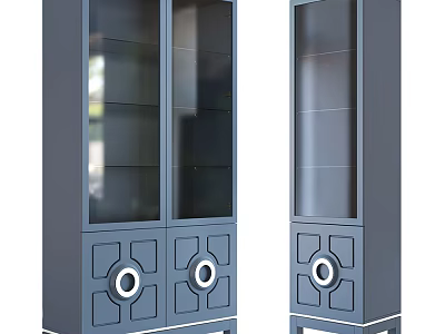Modern Gray Bookcase With Glass Doors And Decorative Circular Base Shelves 3d model