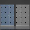 Two Sets of Light Blue and Gray Lockers With Numbered Compartments and Black Locks