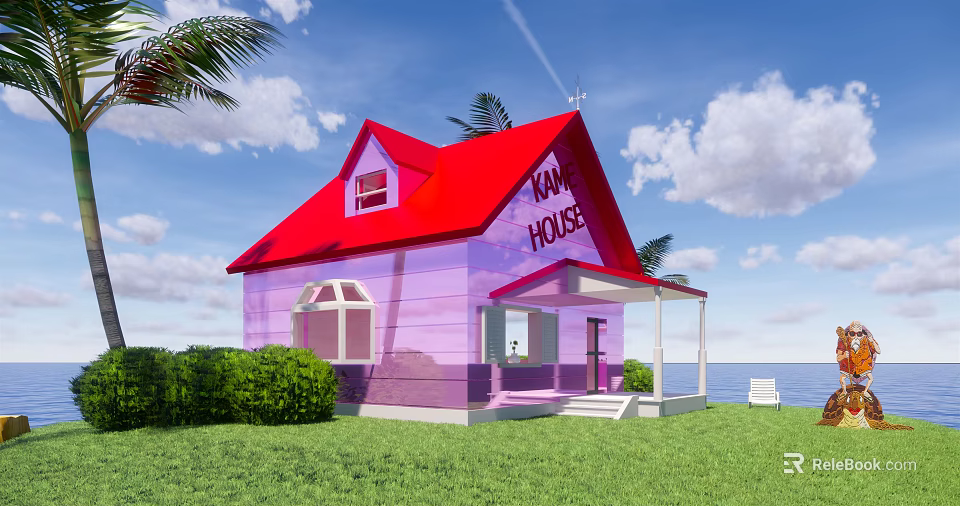MAX HOUSES Pink House With Red Roof Palm Trees Green Lawn Bushes And Ocean View 3d model 
