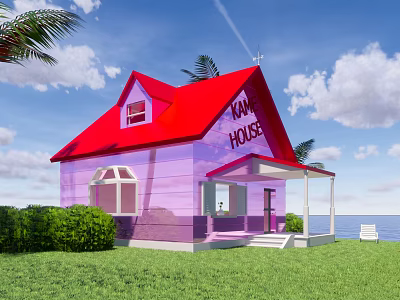 MAX HOUSES Pink House With Red Roof Palm Trees Green Lawn Bushes And Ocean View 3d model