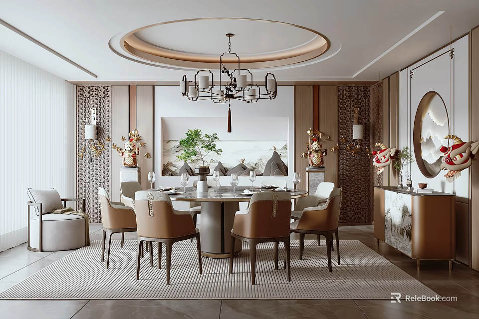 Elegant Private Dining Box Interior With Round Table Chandelier And Wall Decor 3d model 