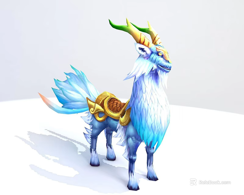 Tech Exhibition Hall Showcasing Blue White Mythical Creature With Green Horns And Golden Decorations 3d model 