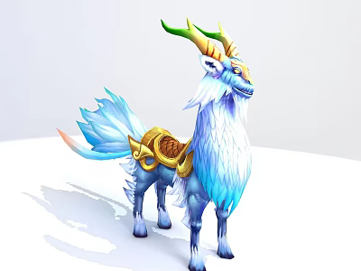 Tech Exhibition Hall Showcasing Blue White Mythical Creature With Green Horns And Golden Decorations 3d model