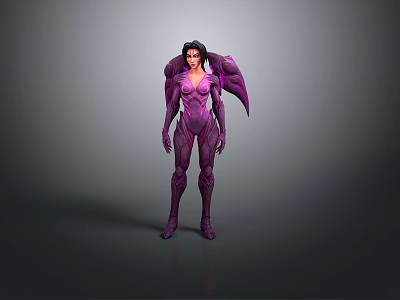 Elegant Female Fantasy Character In Purple Form Fitting Suit With Winged Back Design 3d model