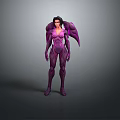 Elegant Female Fantasy Character In Purple Form Fitting Suit With Winged Back Design