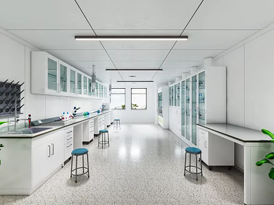 Modern Laboratory Interior Design With White Cabinets Glass Doors And Stools 3d model