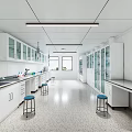 Modern Laboratory Interior Design With White Cabinets Glass Doors And Stools
