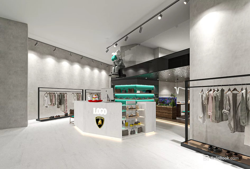 Modern Minimalist Fashion Clothing Store Interior Design With Neat Clothes Display Racks And Bright Reception Counter 3d model 