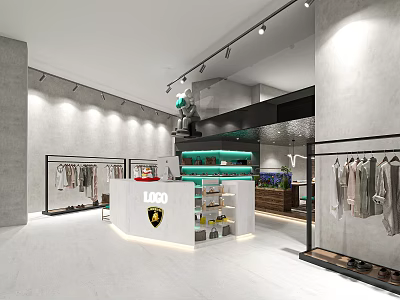 Modern Minimalist Fashion Clothing Store Interior Design With Neat Clothes Display Racks And Bright Reception Counter 3d model