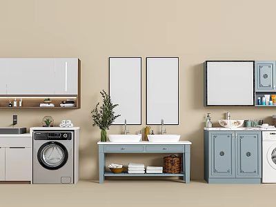 Modern Bathroom Set Interior With Double Sinks Wall Mirrors And Storage Cabinets 3d model