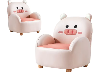 Cute Pink Pig Shaped Single Sofa For Kids With Smiling Face And Wooden Legs 3d model
