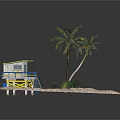 Beach Scene Setup With Lifeguard Tower Palm Trees And Small Plants