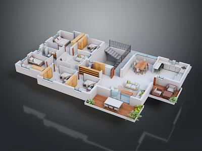 3D House Floor Plan With Room Layout Furniture Stairs And Plants 3d model