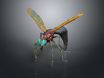 Insect Shaped Decorative Household Figurine With Colorful Wings Green Eyes And Metallic Body 3d model