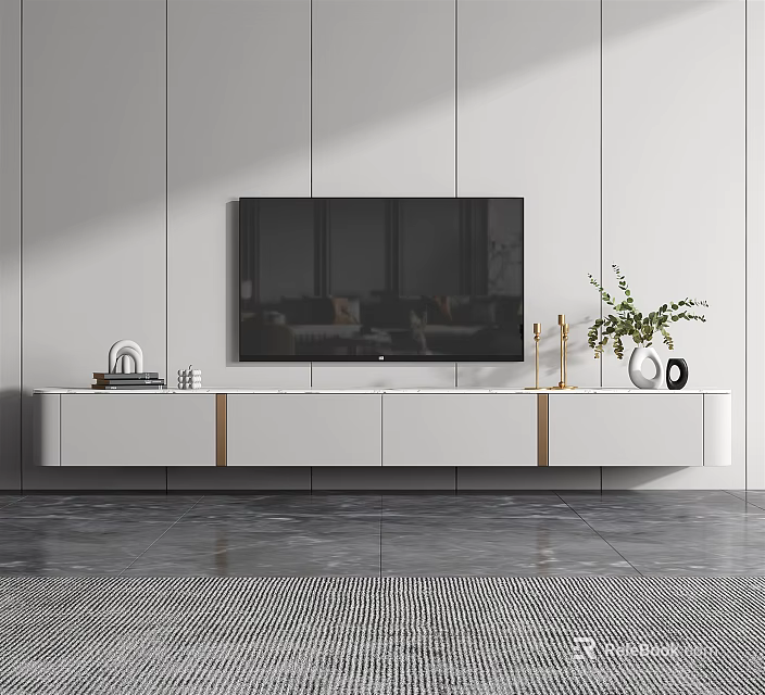 Modern White TV Stand With TV Decorative Vase Gold Accents And Gray Floor 3d model 