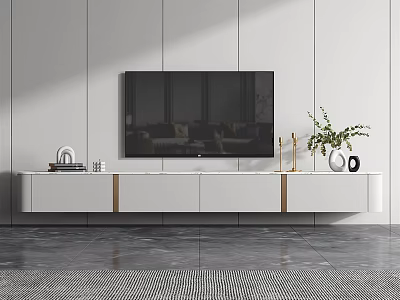 Modern White TV Stand With TV Decorative Vase Gold Accents And Gray Floor 3d model