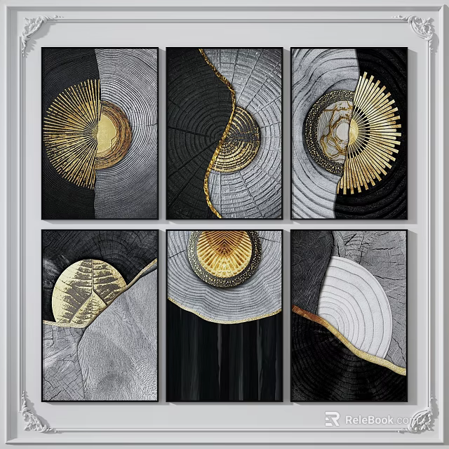 Modern Abstract Wall Art With Black White Gold Geometric Circular Patterns 3d model