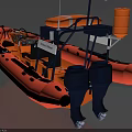 Orange Inflatable Boat With Two Blue Engines Lifebuoy Interior Seats And Steering Wheel