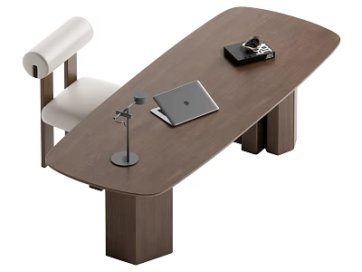 Wooden Oval Shaped Desk With Laptop Table Lamp And White Chair 3d model