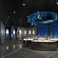 Art Exhibition Hall With Display Cabinets Blue Backdrop Walls And Circular Ceiling Decoration