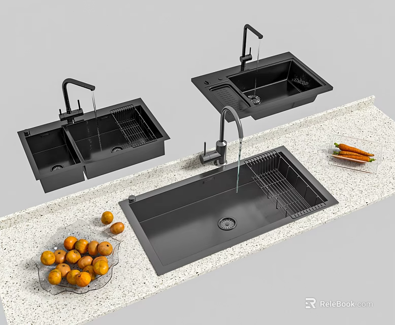Black Kitchen Sink With Faucet Drainer Rack And Fresh Fruits Vegetables On Countertop 3d model 