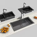 Black Kitchen Sink With Faucet Drainer Rack And Fresh Fruits Vegetables On Countertop