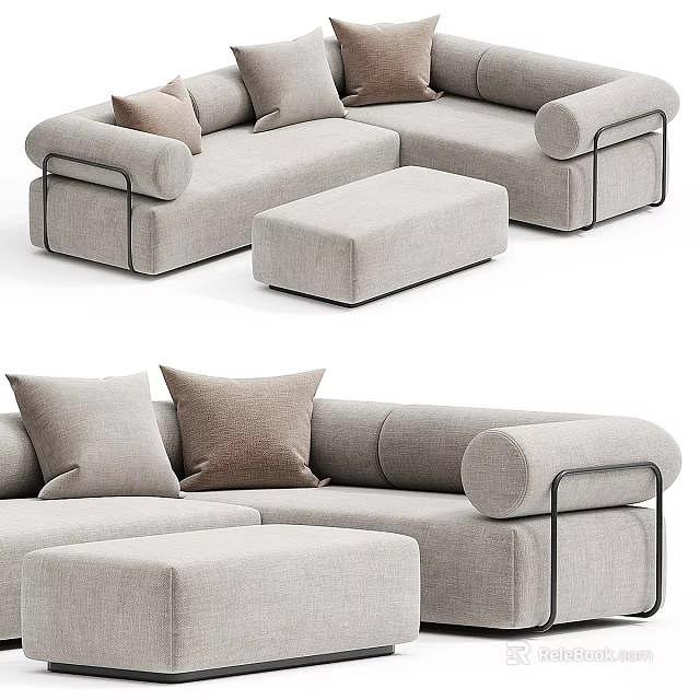 Modern Light Gray Sectional Sofa With Plush Cushions And Metal Frame Ottoman 3d model 