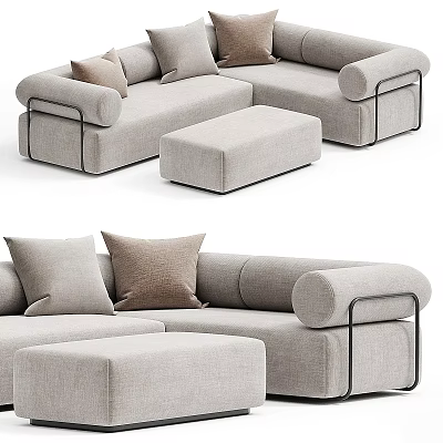 Modern Light Gray Sectional Sofa With Plush Cushions And Metal Frame Ottoman 3d model