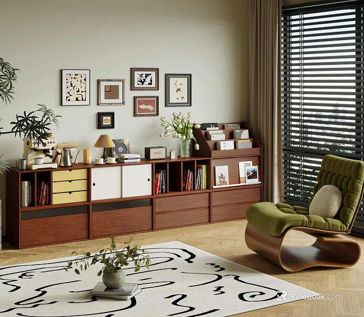 Brown Wooden Bookcase With Books Framed Pictures Potted Plants And Green Chair 3d model 
