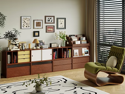 Brown Wooden Bookcase With Books Framed Pictures Potted Plants And Green Chair 3d model